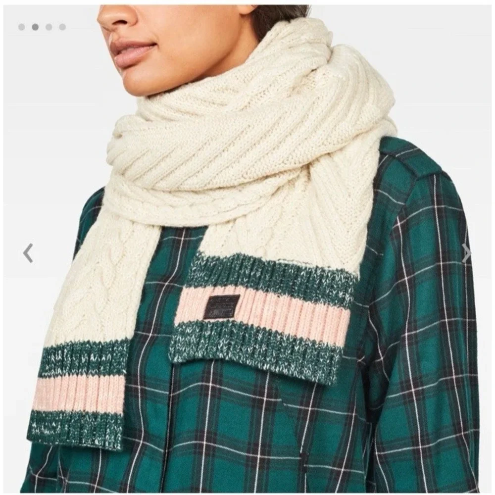 G-Star Raw Sash Soft Touch Coac Knit Scarf Ivory Stripe Trim Organic Cotton